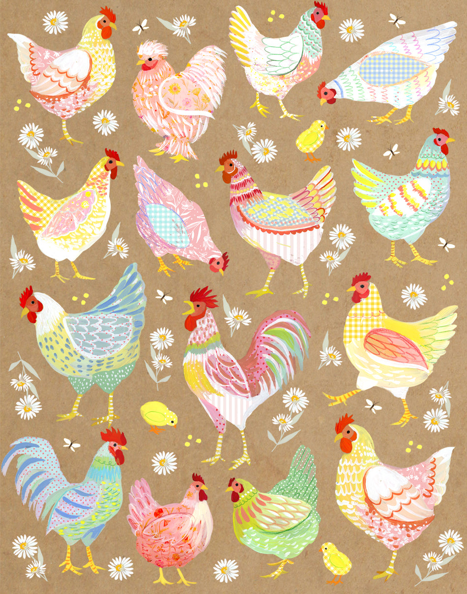 Meadow Chickens Art Print on Kraft