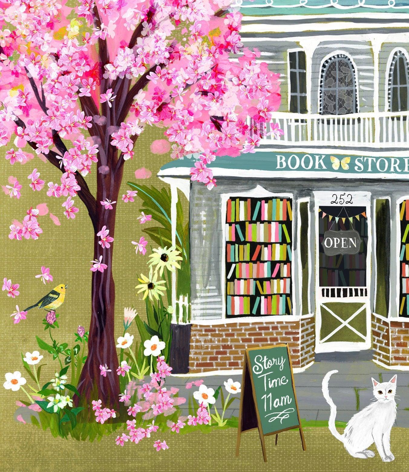 Cherry Blossom Book Shop Art Print