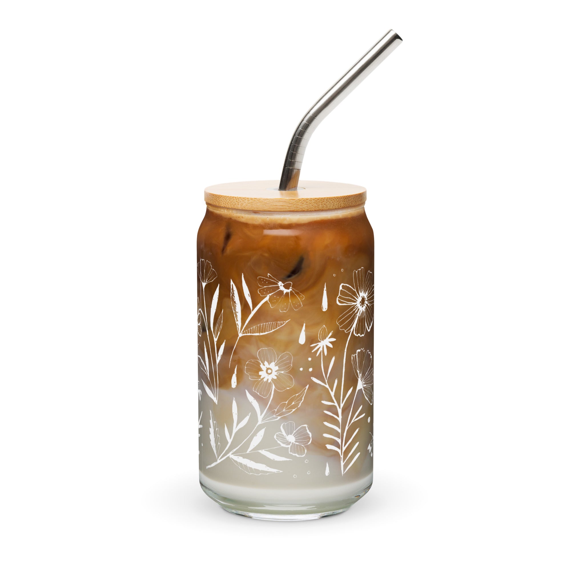 Flowerland Drinking Glass 16 oz With Lid & Straw